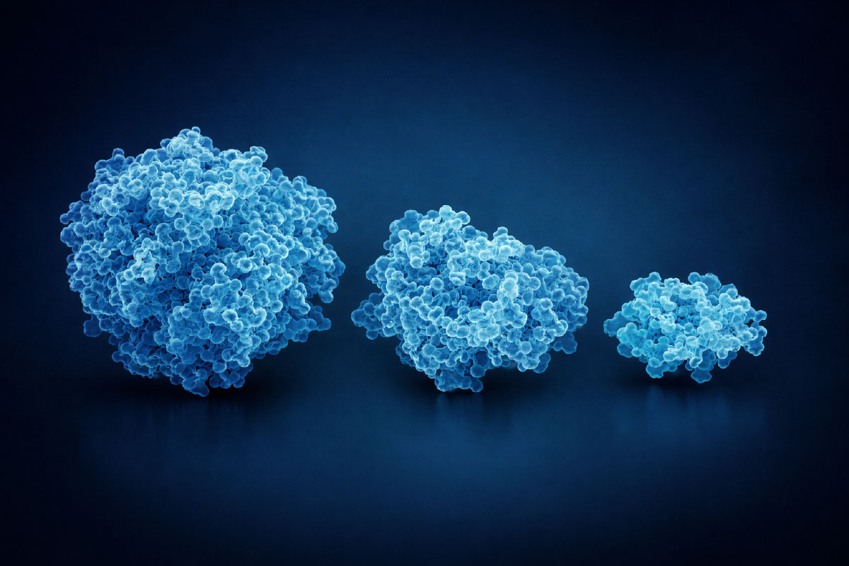 Relative size comparison of CRISPR nucleases SpCas9, SaCas9, and Cas12f shown as approximate 3D molecular structures
